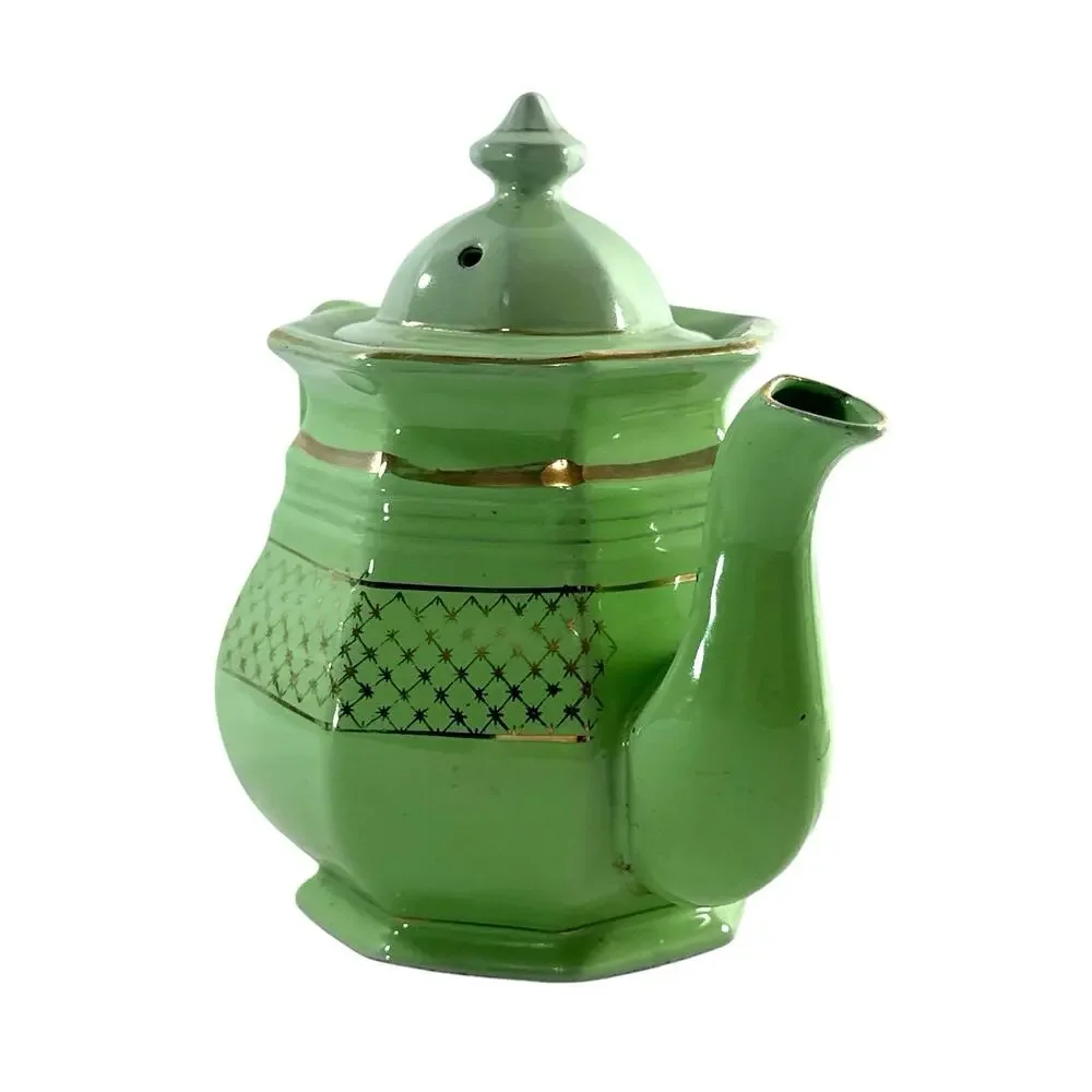 Vintage Art Deco Green Porcelain Teapot Gold Gilt Geometric Octagonal 7.5”